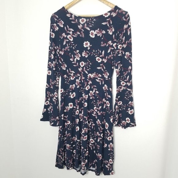 George NEW Blue Burgundy Floral Print A-Line Long Bell Sleeve Dress Size XS NWT - Picture 7 of 9